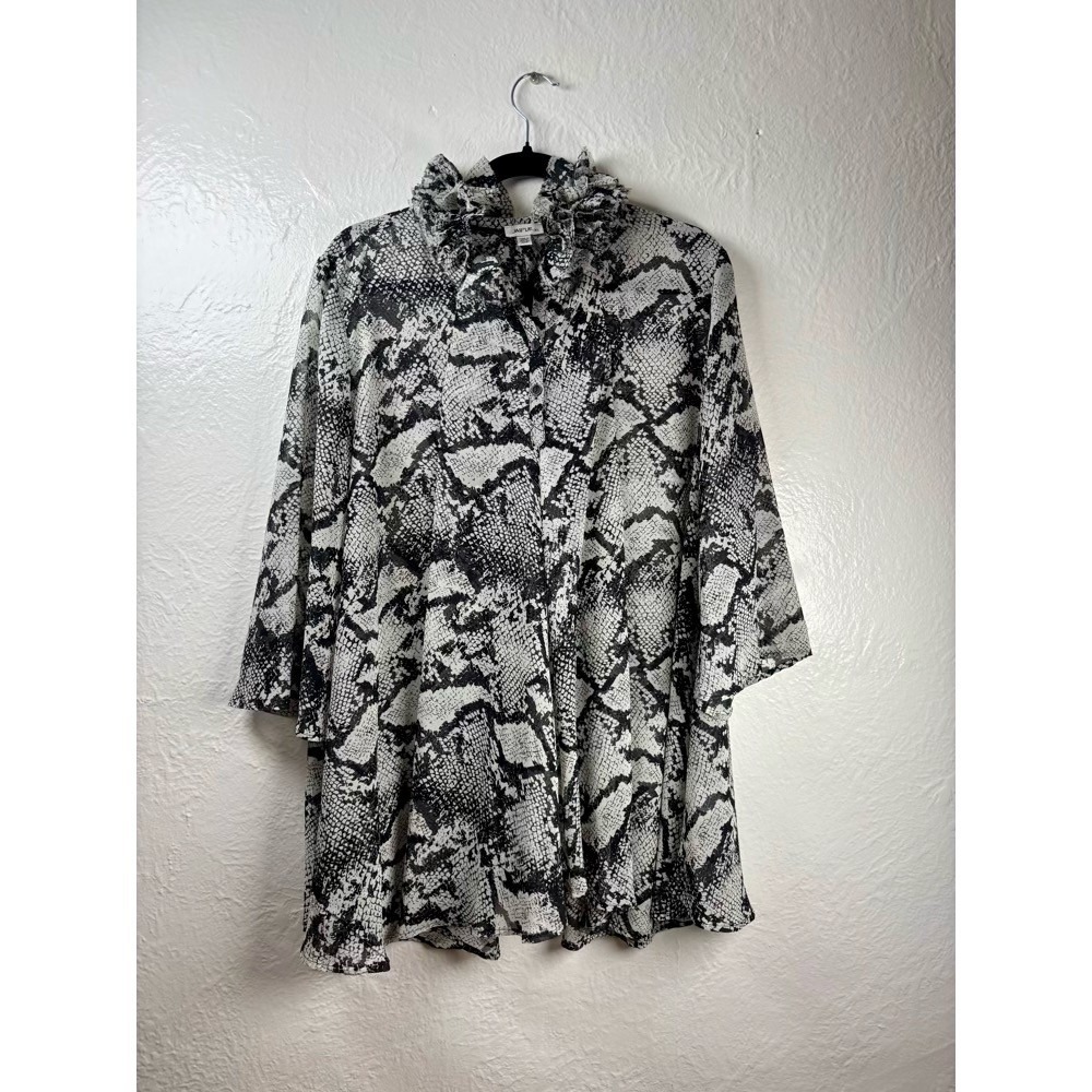 Jaipur Blouse Women XL Grey Snakeskin Ruffle Neck Sheer Mob Wife Y2K Witchy